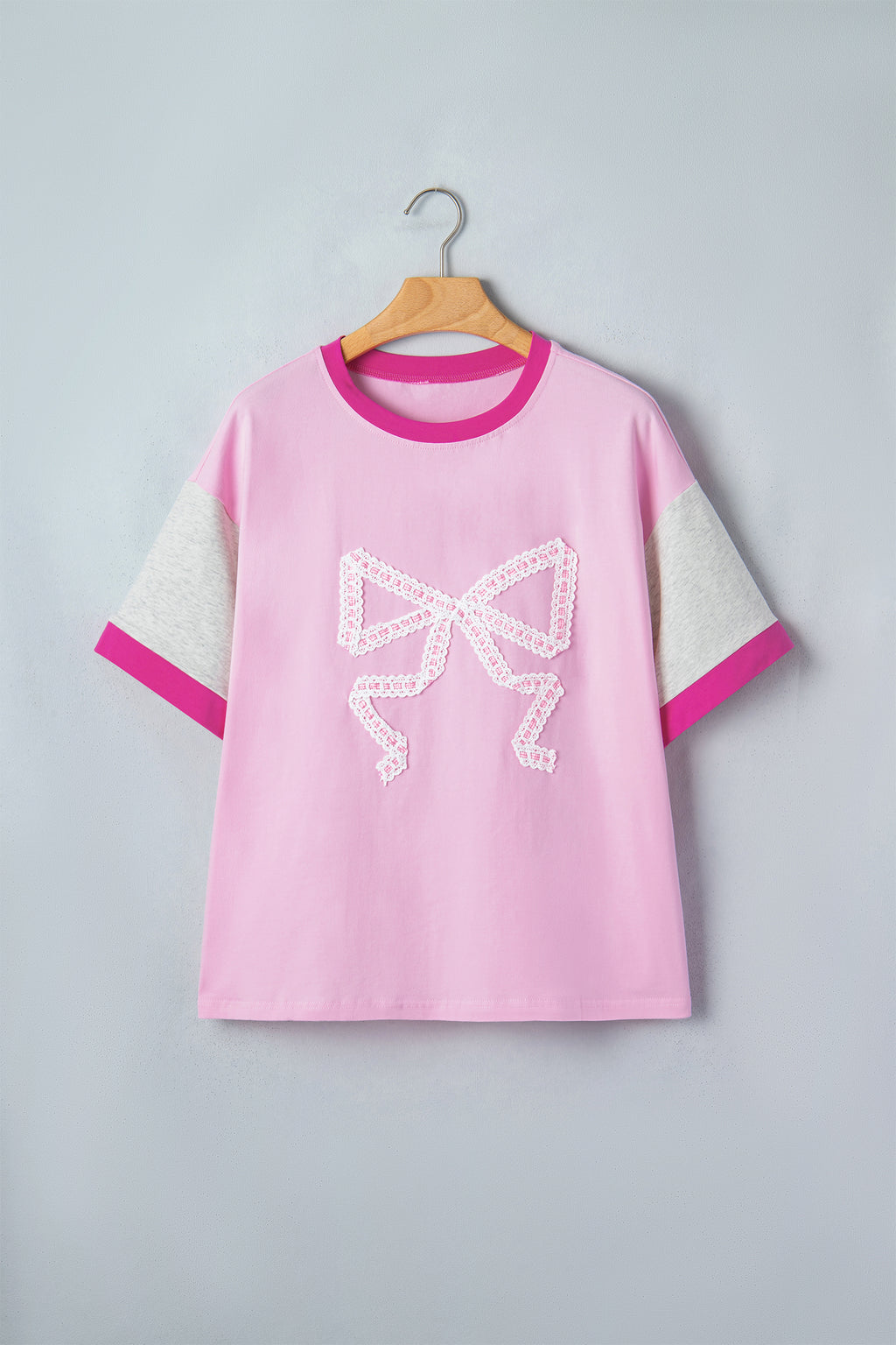 Gossamer Pink Embroidered Bow Detail Color Block Loose Tee