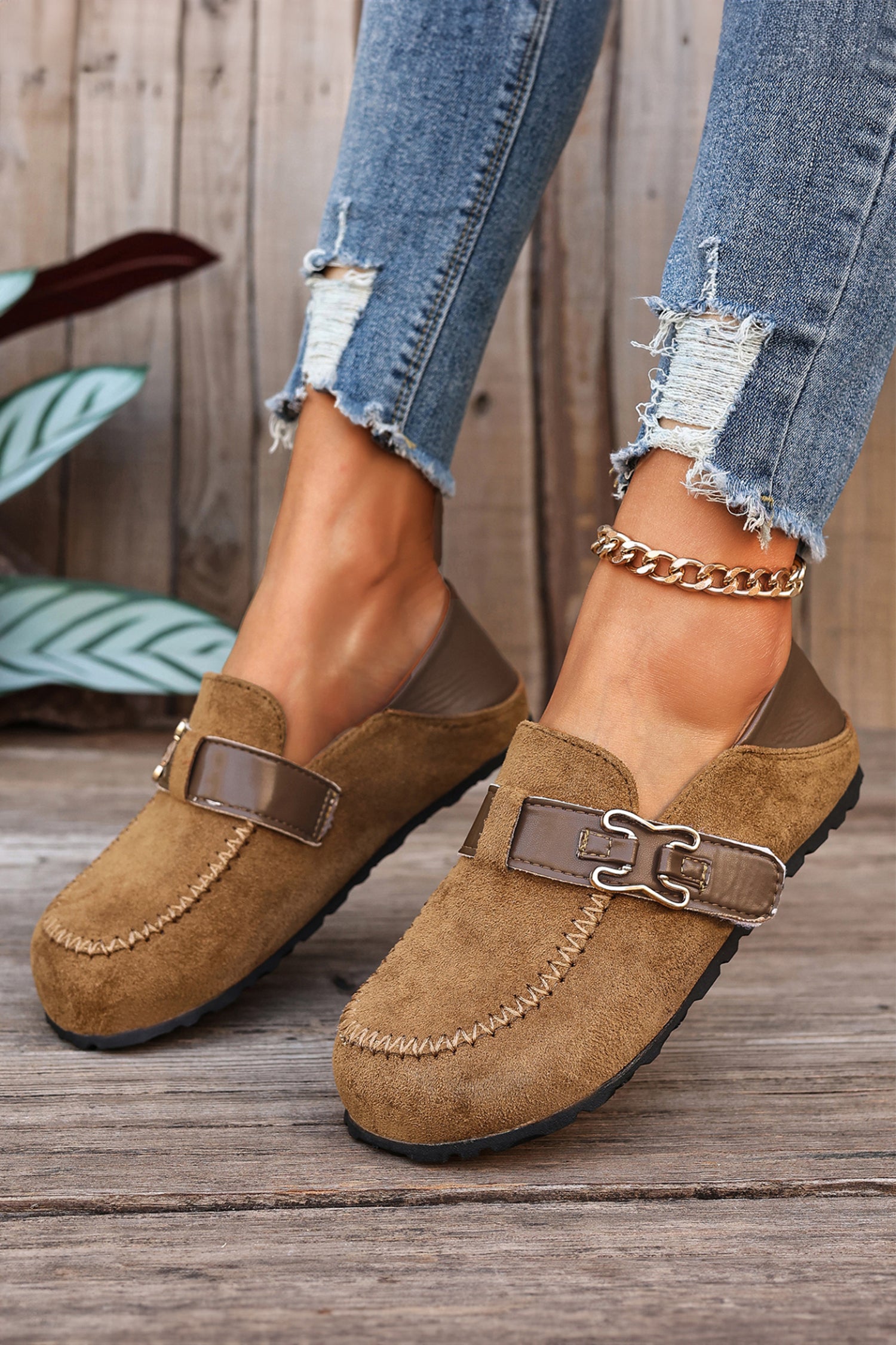 Khaki Faux Suede PU Leather Patchwork Retro Buckle Slip On Shoes
