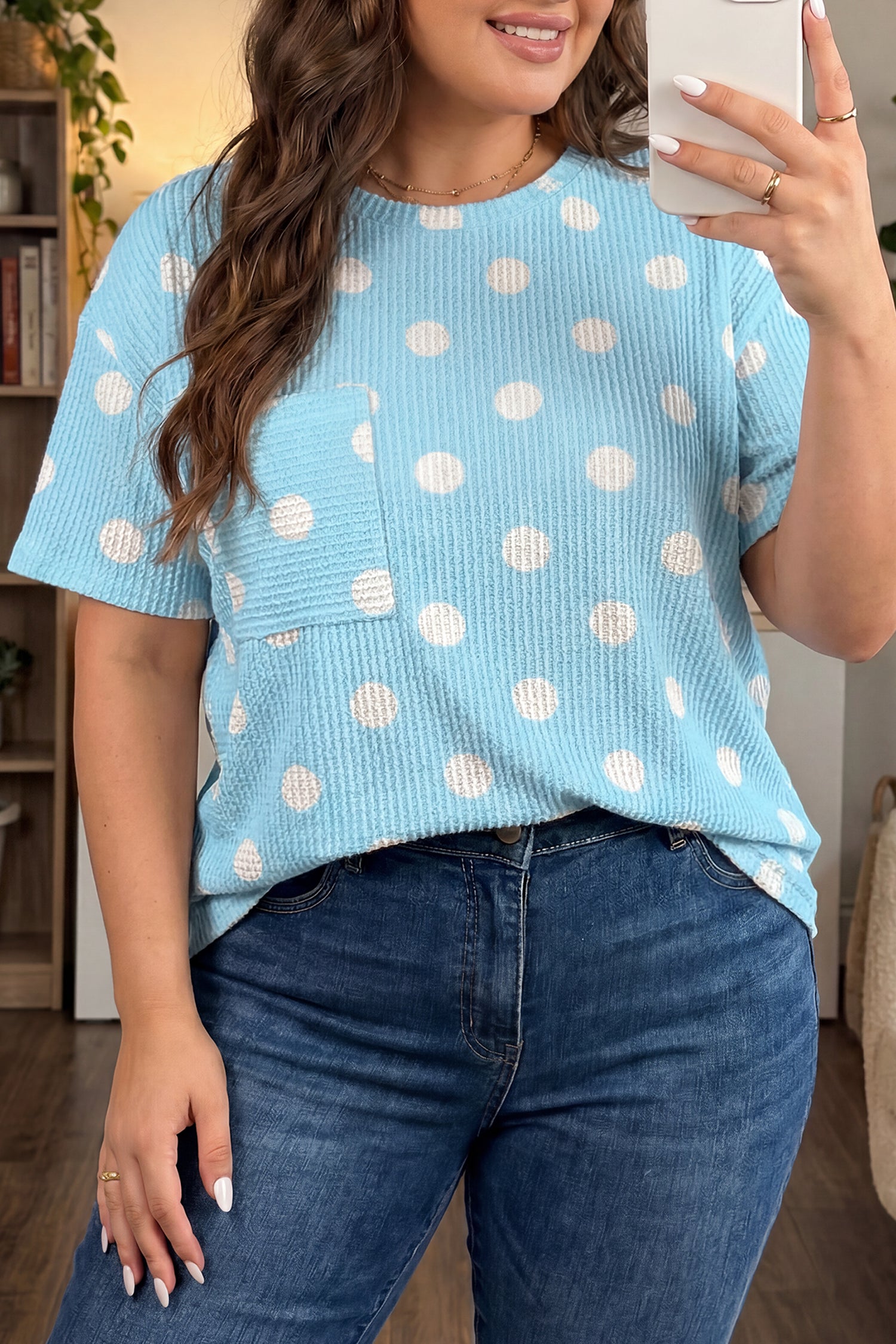 Sky Blue Twisted Rib Polka Dot Print Plus Size T Shirt