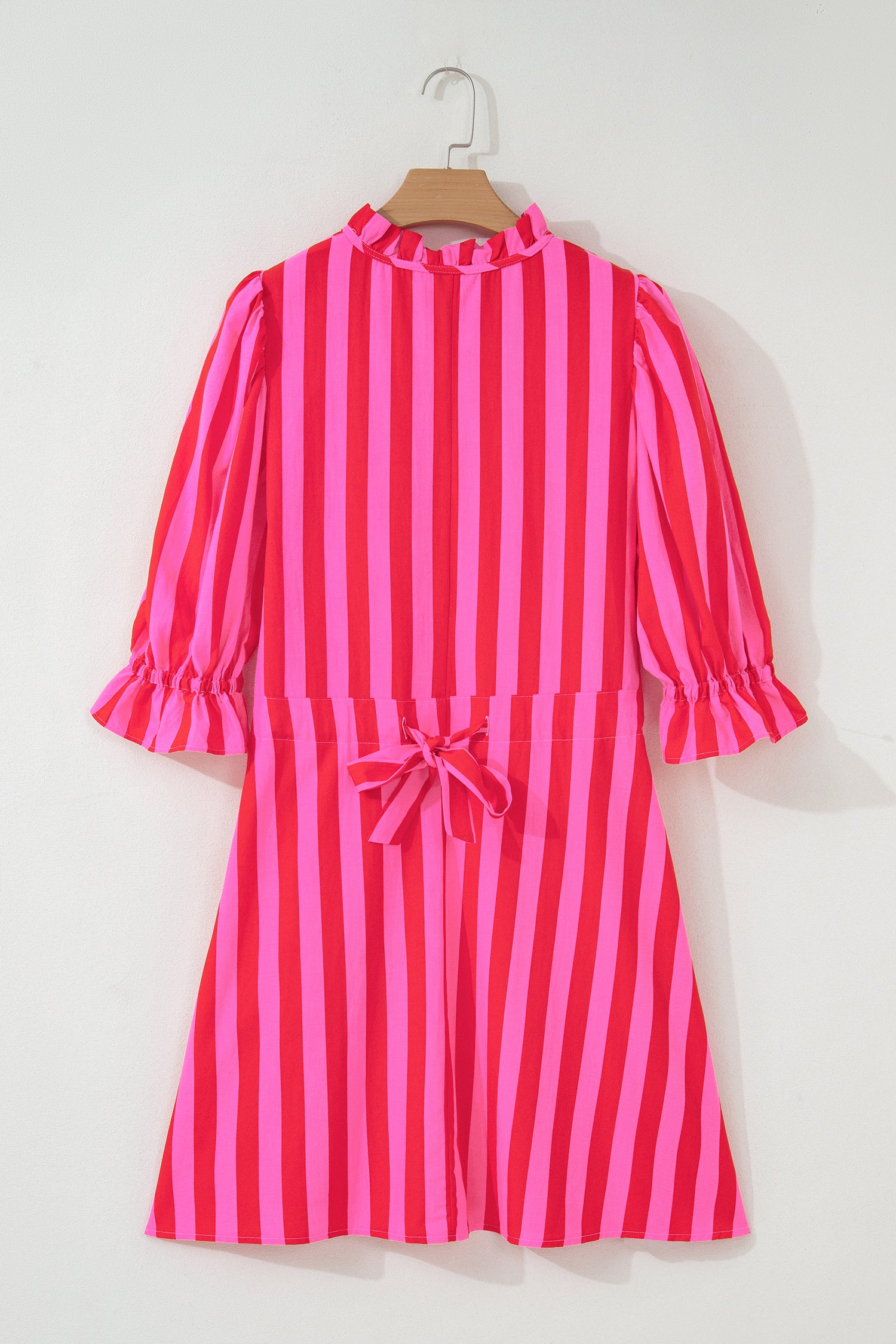 Rose Stripe Frilled Collar Button Neck Short Sleeve Curvy Mini Dress