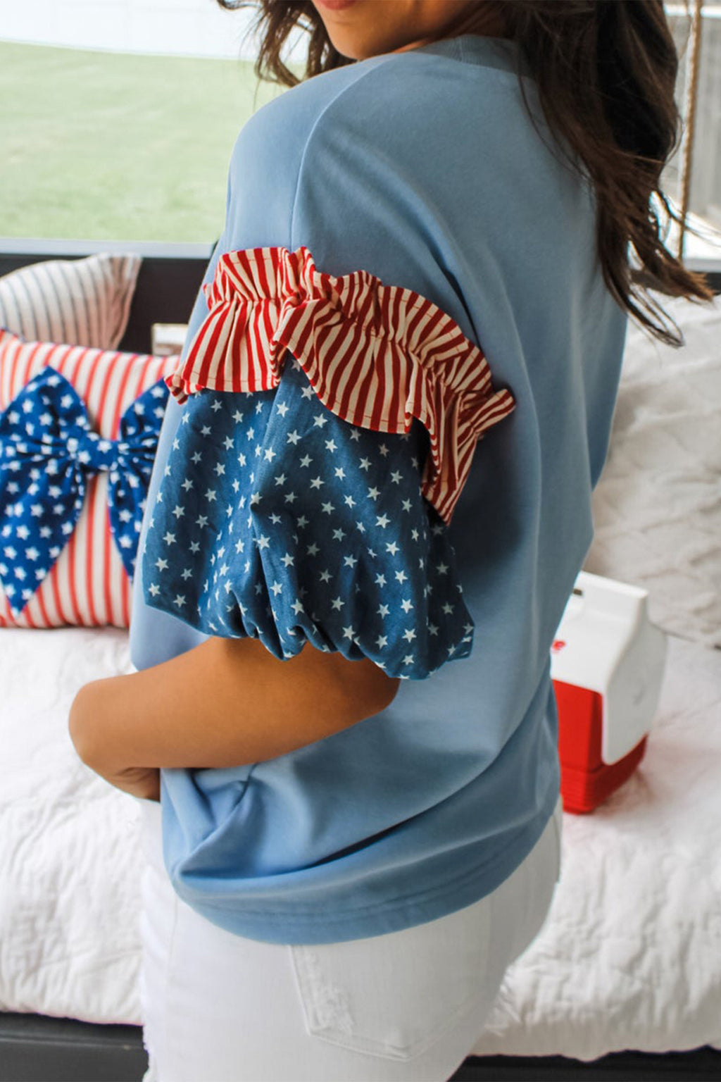 Beau Blue Stars Stripes Short Puff Sleeve Top
