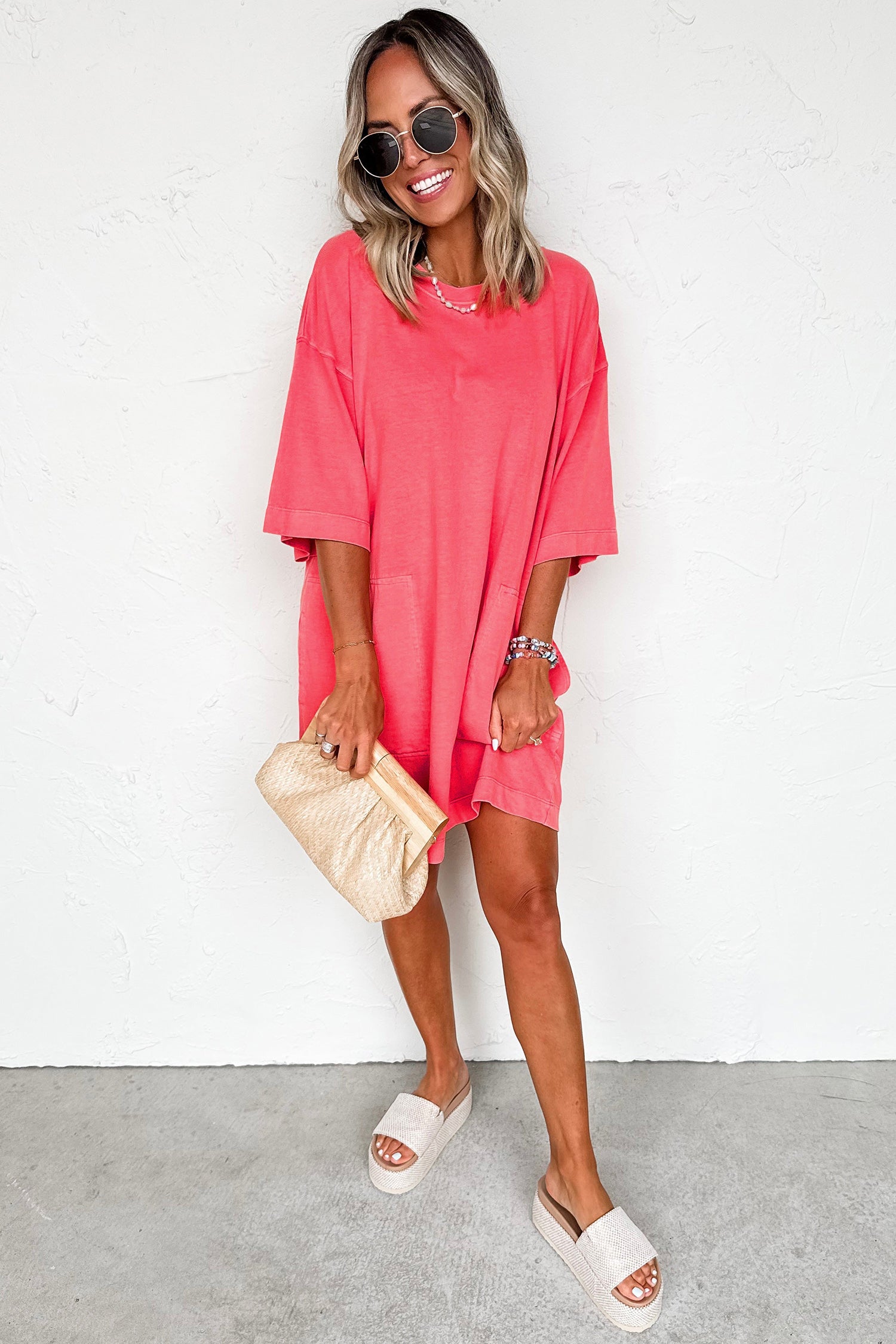 Coral Paradise Drop Shoulder Loose Casual T Shirt Mini Dress