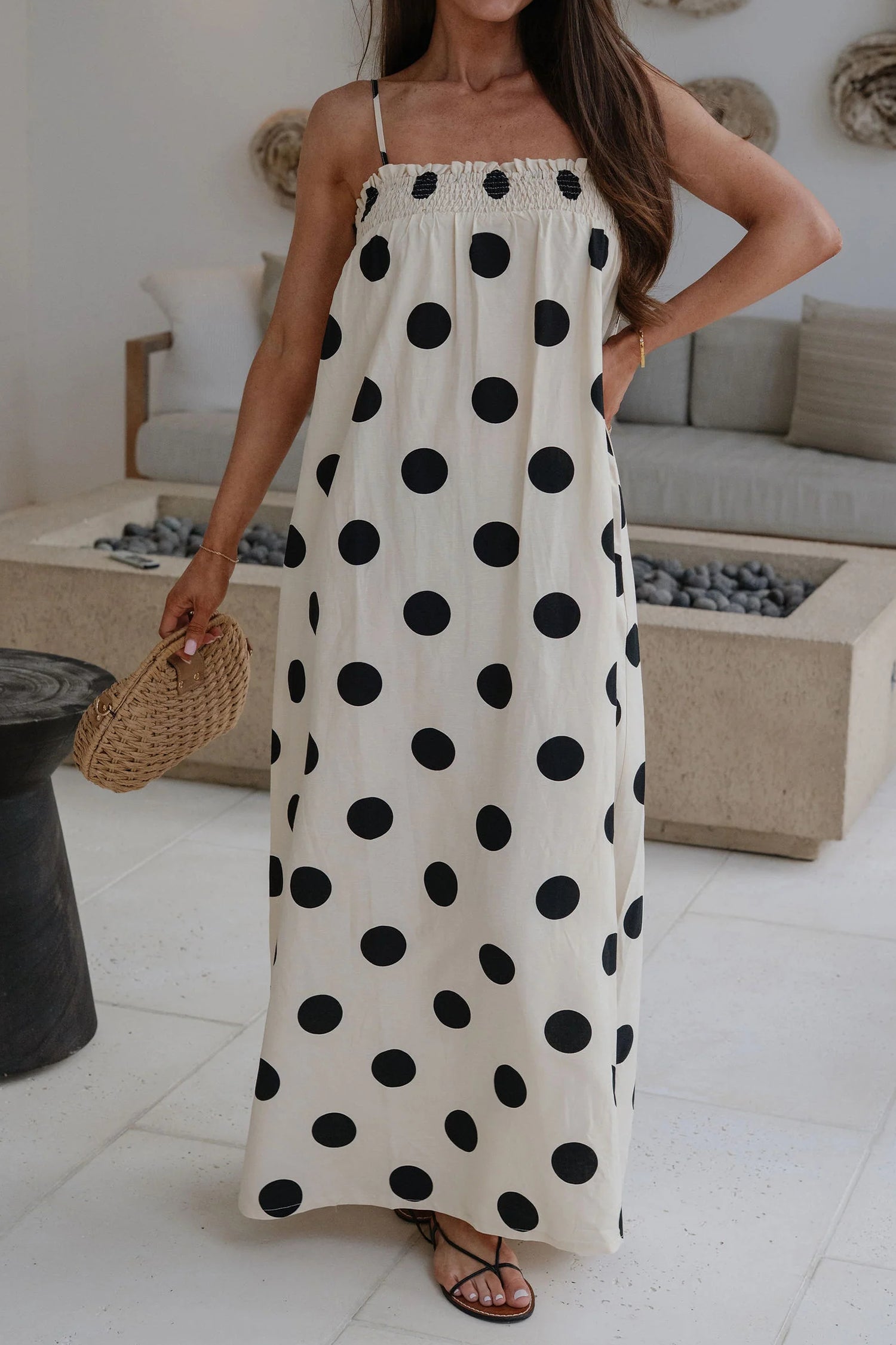 White Polka Dot Spaghetti Straps Maxi Dress