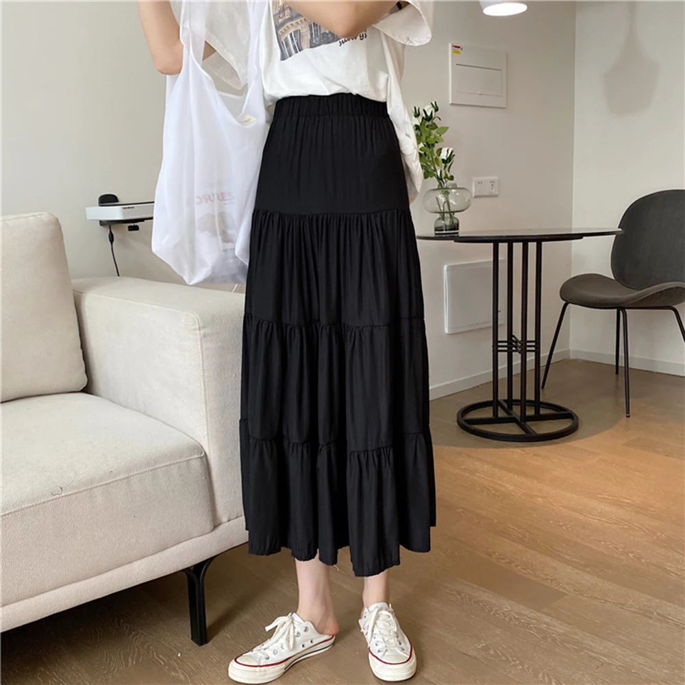 Spring Summer Women Chiffon Skirts Vintage High Waist Elastic Patchwork White Black Chic Long Cake A-line Skirt for Student