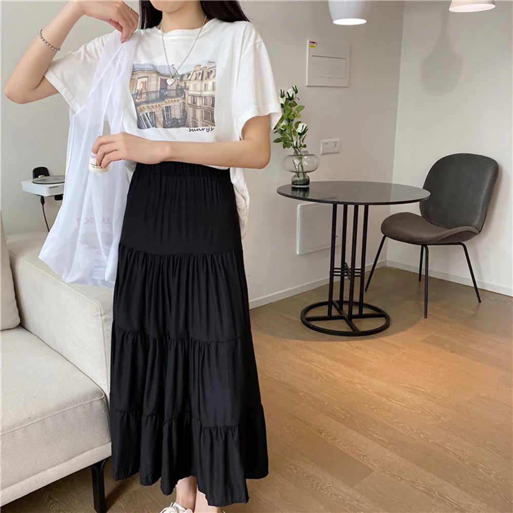 Spring Summer Women Chiffon Skirts Vintage High Waist Elastic Patchwork White Black Chic Long Cake A-line Skirt for Student