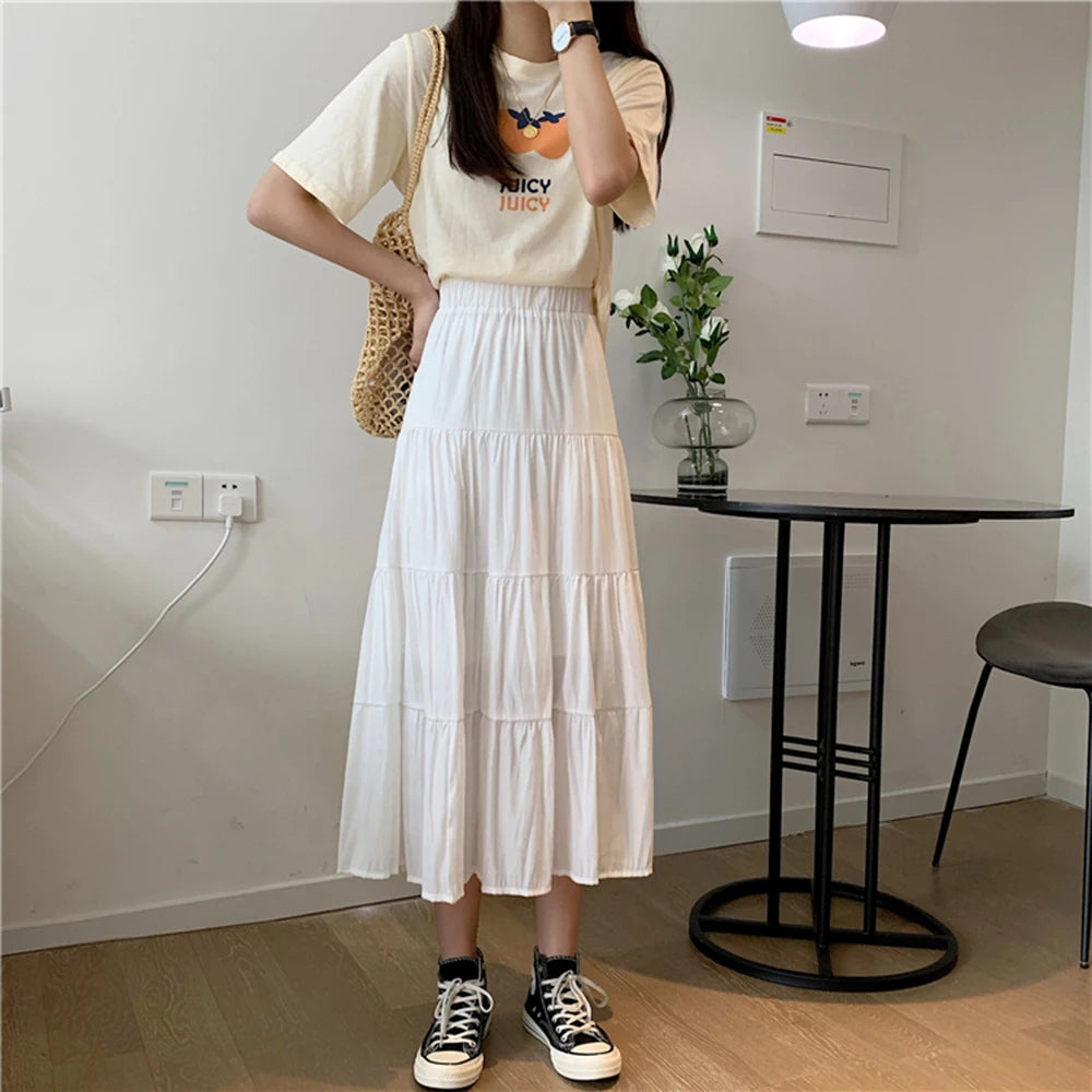 Spring Summer Women Chiffon Skirts Vintage High Waist Elastic Patchwork White Black Chic Long Cake A-line Skirt for Student