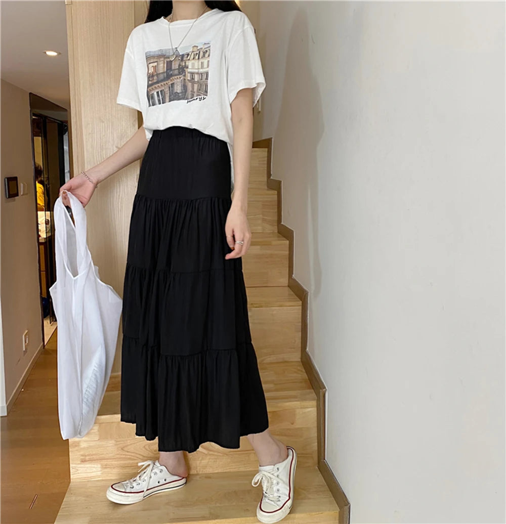 Spring Summer Women Chiffon Skirts Vintage High Waist Elastic Patchwork White Black Chic Long Cake A-line Skirt for Student