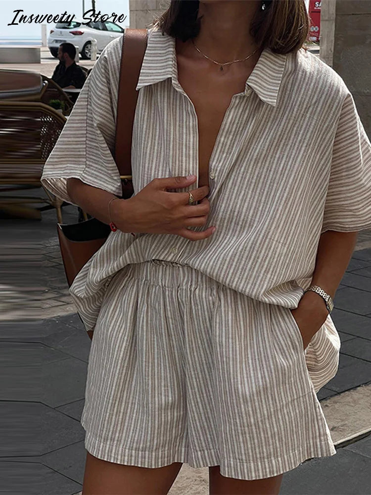 Casual Stripe Shorts Set Women's Loose Single Breasted Half Sleeve Shirt High Waist Short Pant 2025 Summer New Lady Holiday Suit