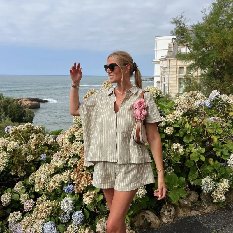 Casual Stripe Shorts Set Women's Loose Single Breasted Half Sleeve Shirt High Waist Short Pant 2025 Summer New Lady Holiday Suit