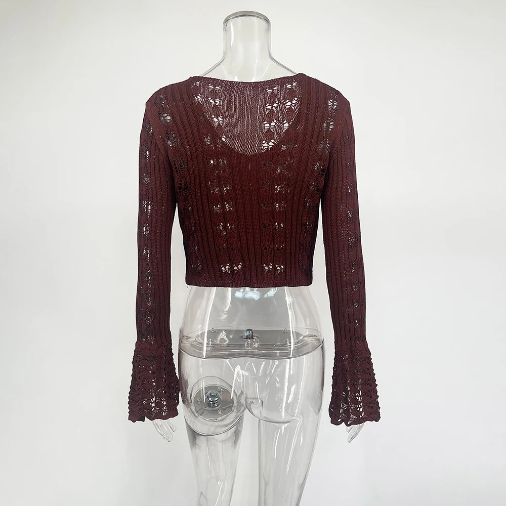 Tuularose Spring Knitted Cardigan Female Solid V-Neck Hollow Out Short Knitted Top Fashion Casual Loose Commuter Female T-Shirt