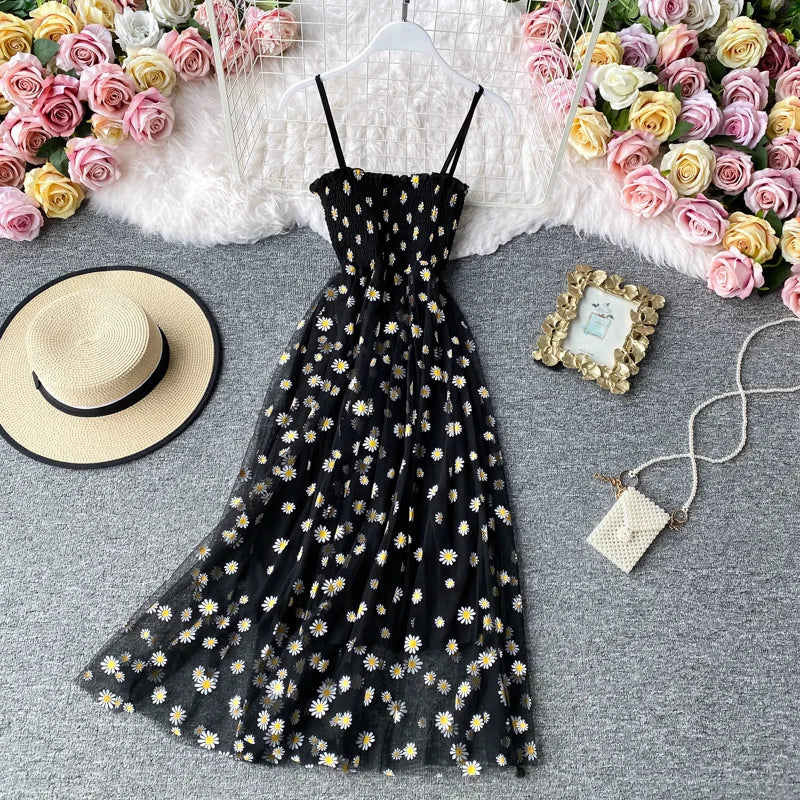 Women daisy Print Dresses Summer Sexy Lace Mesh Dress Spaghetti Strap Ruched Floral Vestidos Korean Style Long Dress