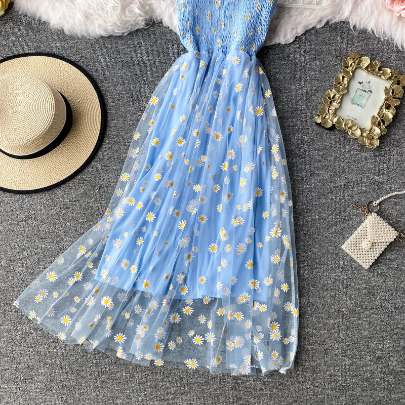 Women daisy Print Dresses Summer Sexy Lace Mesh Dress Spaghetti Strap Ruched Floral Vestidos Korean Style Long Dress