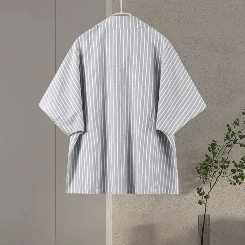 Casual Stripe Shorts Set Women's Loose Single Breasted Half Sleeve Shirt High Waist Short Pant 2025 Summer New Lady Holiday Suit