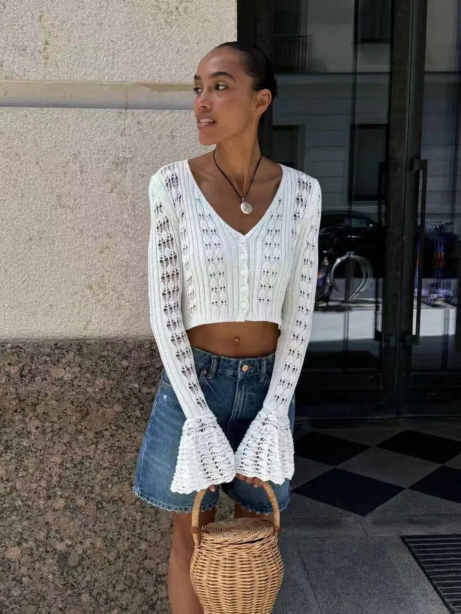 Tuularose Spring Knitted Cardigan Female Solid V-Neck Hollow Out Short Knitted Top Fashion Casual Loose Commuter Female T-Shirt