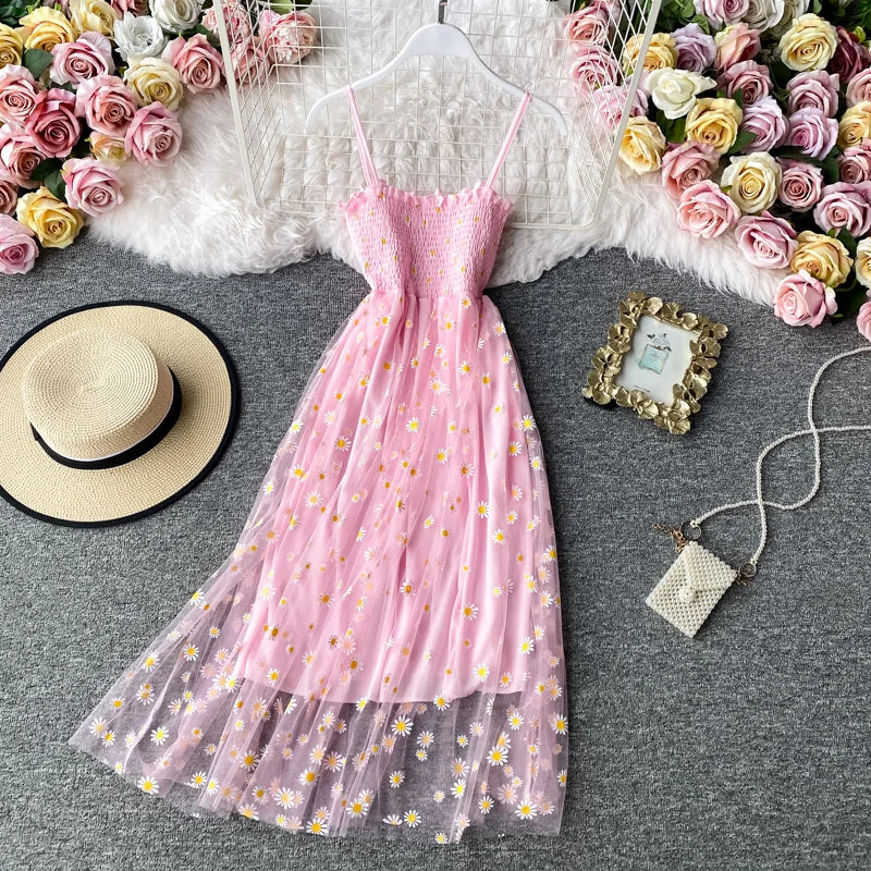 Women daisy Print Dresses Summer Sexy Lace Mesh Dress Spaghetti Strap Ruched Floral Vestidos Korean Style Long Dress