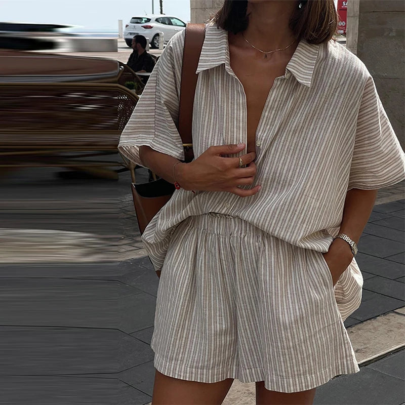 Casual Stripe Shorts Set Women's Loose Single Breasted Half Sleeve Shirt High Waist Short Pant 2025 Summer New Lady Holiday Suit