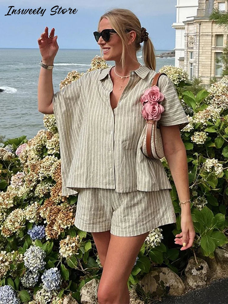 Casual Stripe Shorts Set Women's Loose Single Breasted Half Sleeve Shirt High Waist Short Pant 2025 Summer New Lady Holiday Suit
