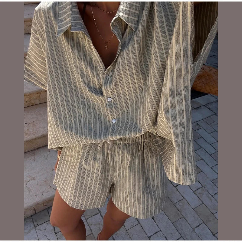 Casual Stripe Shorts Set Women's Loose Single Breasted Half Sleeve Shirt High Waist Short Pant 2025 Summer New Lady Holiday Suit
