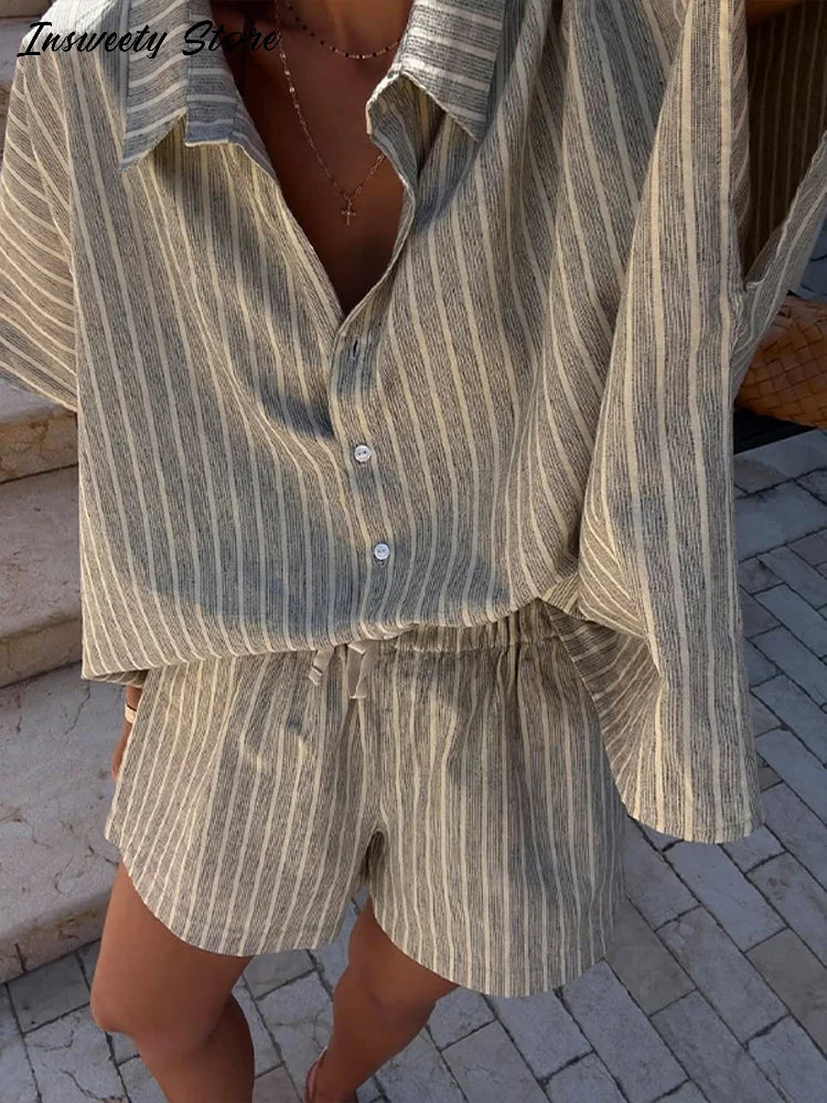 Casual Stripe Shorts Set Women's Loose Single Breasted Half Sleeve Shirt High Waist Short Pant 2025 Summer New Lady Holiday Suit