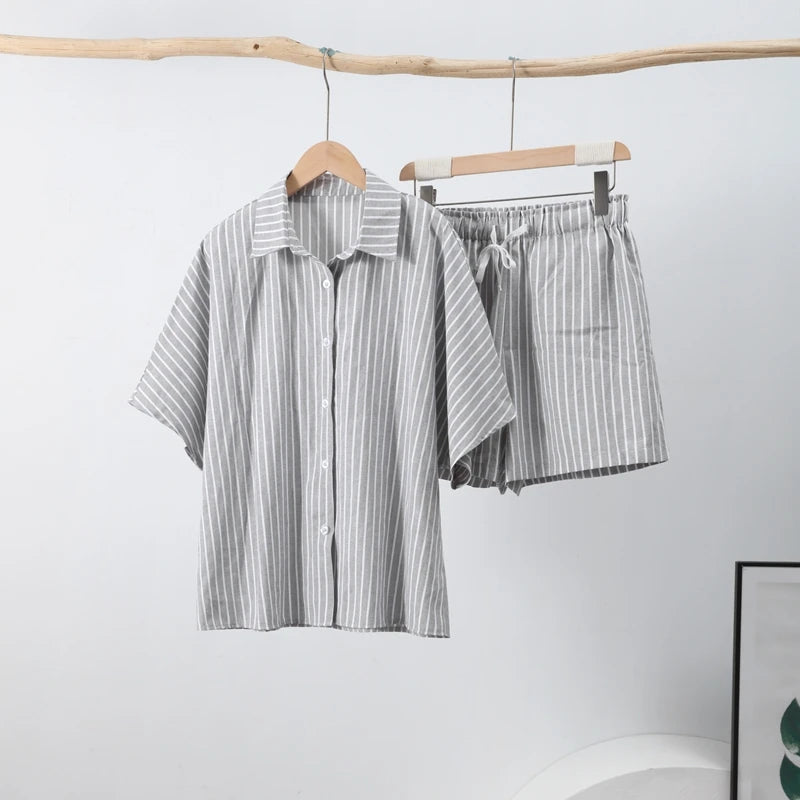 Casual Stripe Shorts Set Women's Loose Single Breasted Half Sleeve Shirt High Waist Short Pant 2025 Summer New Lady Holiday Suit