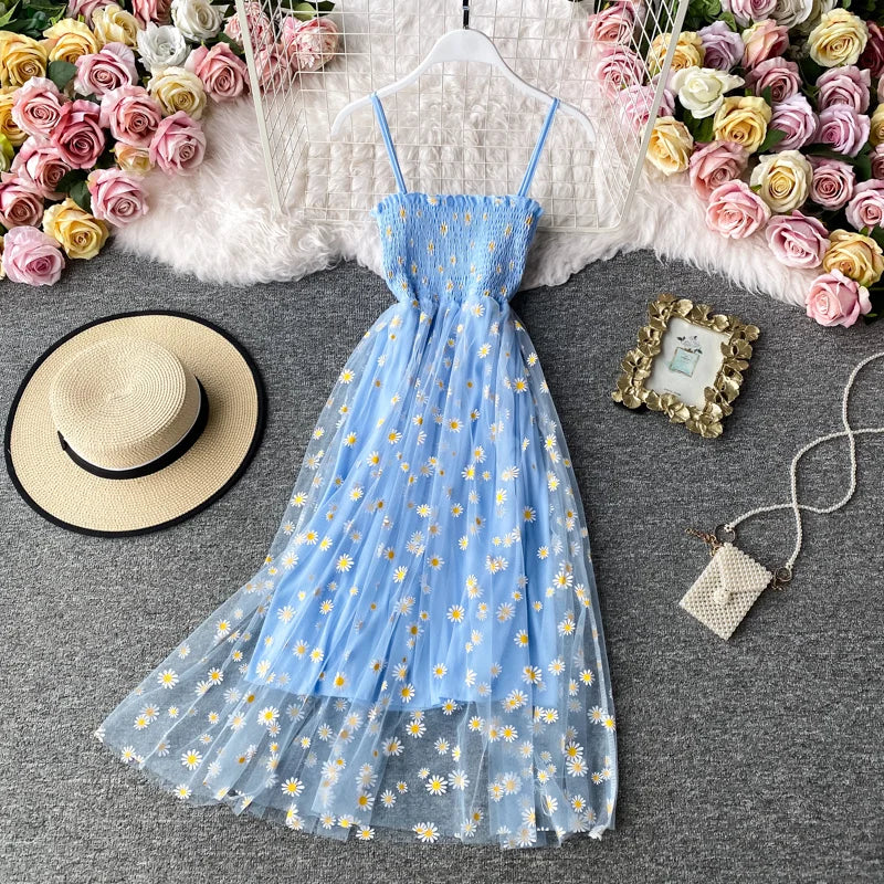 Women daisy Print Dresses Summer Sexy Lace Mesh Dress Spaghetti Strap Ruched Floral Vestidos Korean Style Long Dress