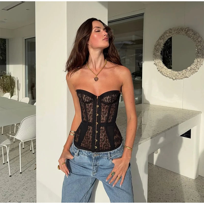 Sexy Women Black Lace Corset Vest Fashion See Through Hollow Out Strapless Top Chic Autumn 2025 New Party Lady High Street Vests