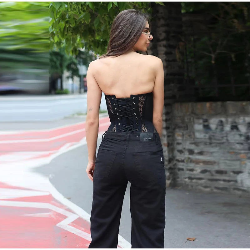 Sexy Women Black Lace Corset Vest Fashion See Through Hollow Out Strapless Top Chic Autumn 2025 New Party Lady High Street Vests