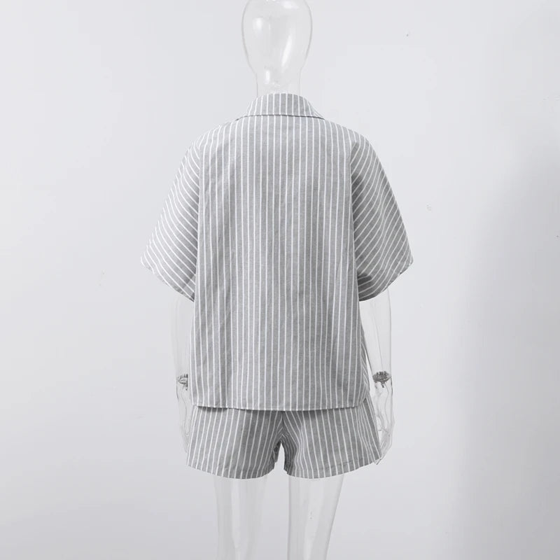 Casual Stripe Shorts Set Women's Loose Single Breasted Half Sleeve Shirt High Waist Short Pant 2025 Summer New Lady Holiday Suit