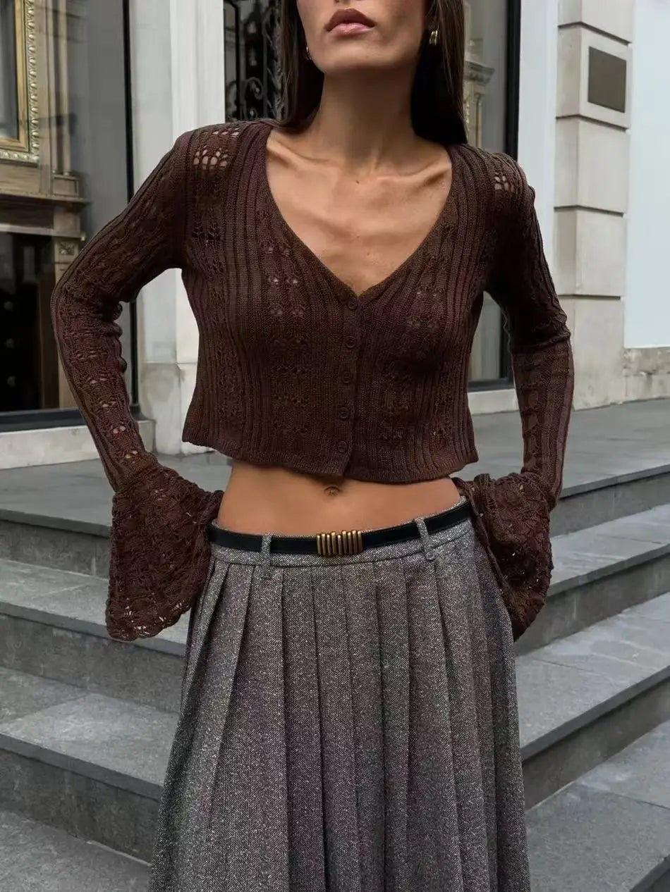 Tuularose Spring Knitted Cardigan Female Solid V-Neck Hollow Out Short Knitted Top Fashion Casual Loose Commuter Female T-Shirt