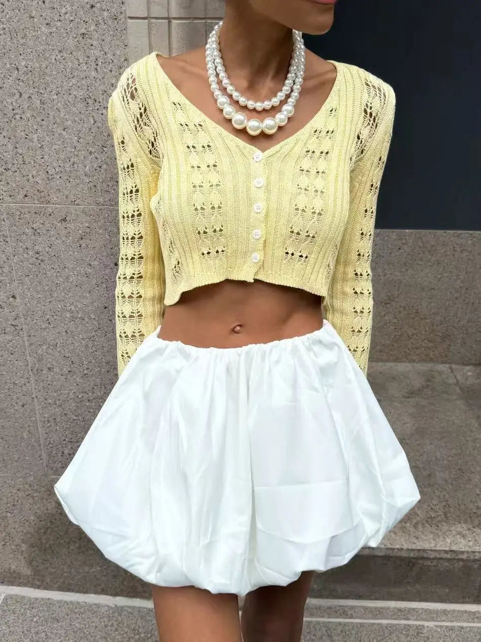 Tuularose Spring Knitted Cardigan Female Solid V-Neck Hollow Out Short Knitted Top Fashion Casual Loose Commuter Female T-Shirt