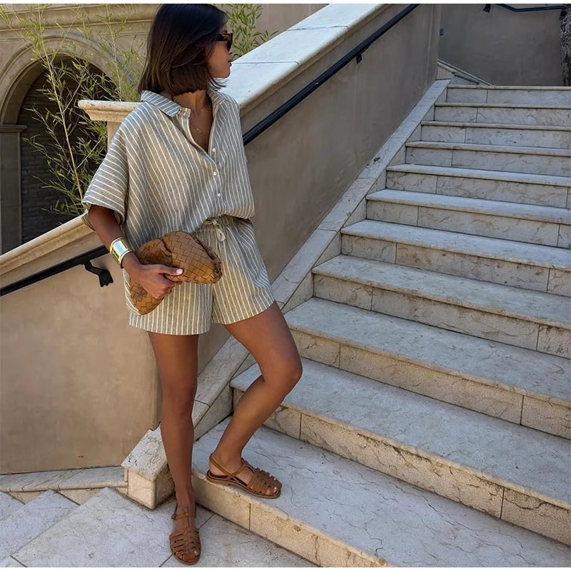 Casual Stripe Shorts Set Women's Loose Single Breasted Half Sleeve Shirt High Waist Short Pant 2025 Summer New Lady Holiday Suit