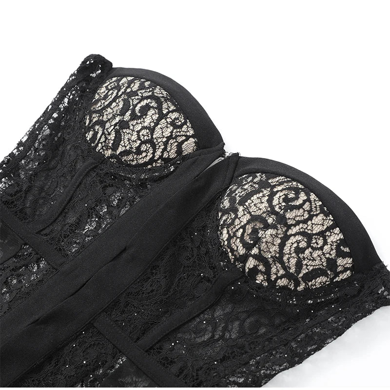 Sexy Women Black Lace Corset Vest Fashion See Through Hollow Out Strapless Top Chic Autumn 2025 New Party Lady High Street Vests