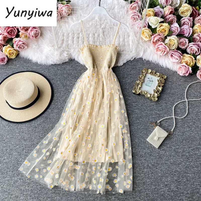 Women daisy Print Dresses Summer Sexy Lace Mesh Dress Spaghetti Strap Ruched Floral Vestidos Korean Style Long Dress