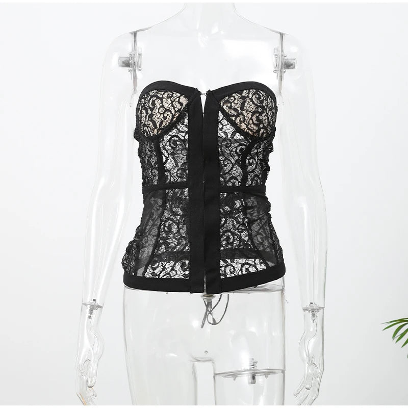 Sexy Women Black Lace Corset Vest Fashion See Through Hollow Out Strapless Top Chic Autumn 2025 New Party Lady High Street Vests