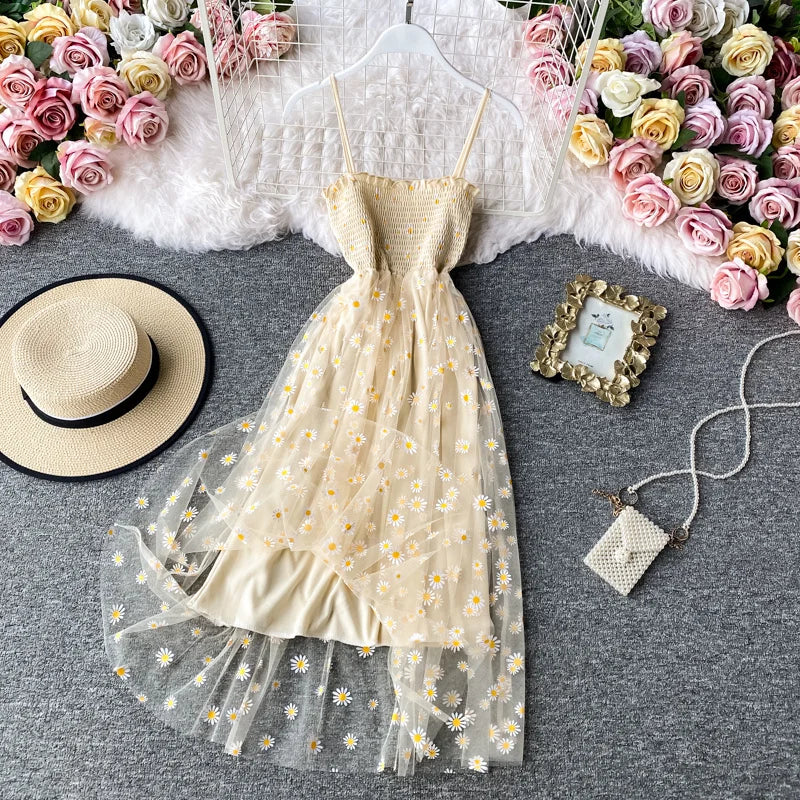 Women daisy Print Dresses Summer Sexy Lace Mesh Dress Spaghetti Strap Ruched Floral Vestidos Korean Style Long Dress