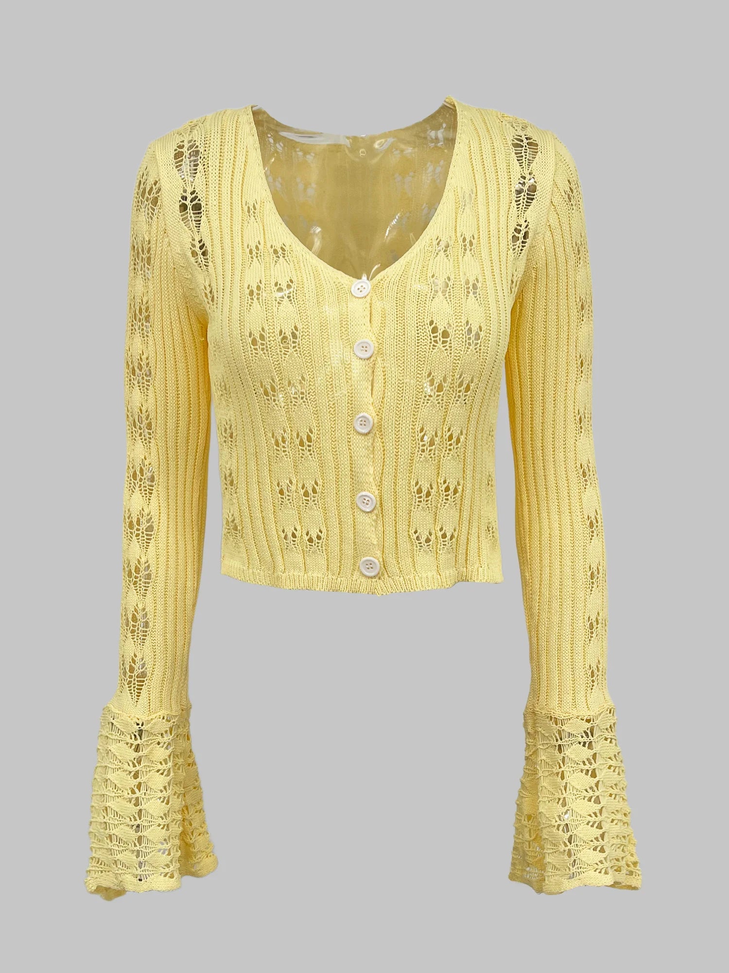 Tuularose Spring Knitted Cardigan Female Solid V-Neck Hollow Out Short Knitted Top Fashion Casual Loose Commuter Female T-Shirt