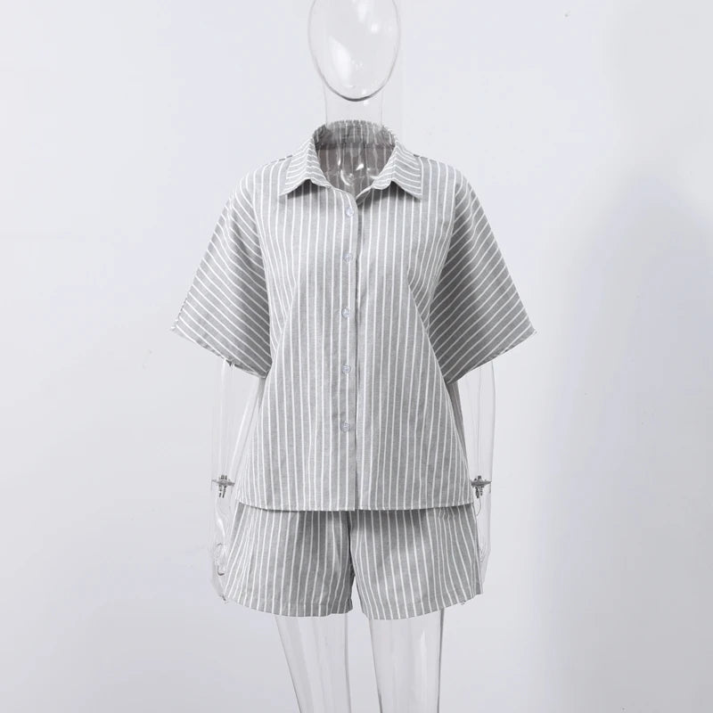Casual Stripe Shorts Set Women's Loose Single Breasted Half Sleeve Shirt High Waist Short Pant 2025 Summer New Lady Holiday Suit