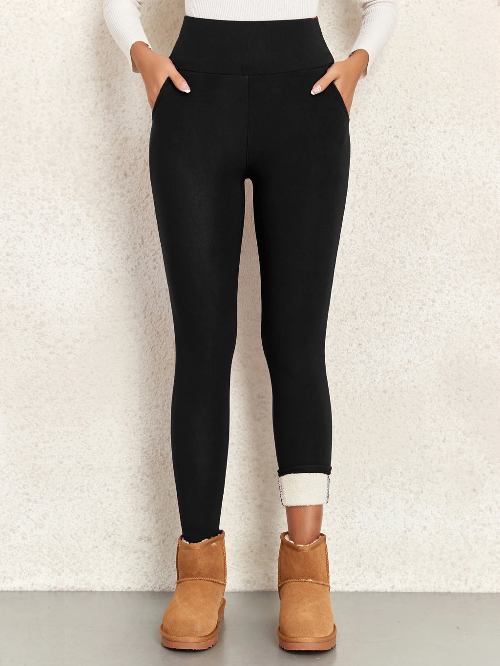 Women Velvet Leggings with Pockets Autumn Winter Warm Fleece Tights  Velvet Solid Color Prevent Cold Leggings Stretch Leggings