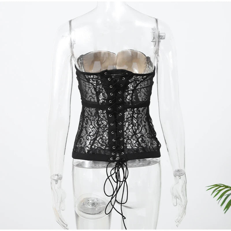 Sexy Women Black Lace Corset Vest Fashion See Through Hollow Out Strapless Top Chic Autumn 2025 New Party Lady High Street Vests