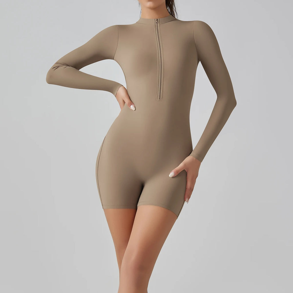Zipper Tracksuit Set Women Yoga Jumpsuit Stand Collar Half Long Sleeved High Waist Butt Lift Fitness Sports Bodysuit Leggings