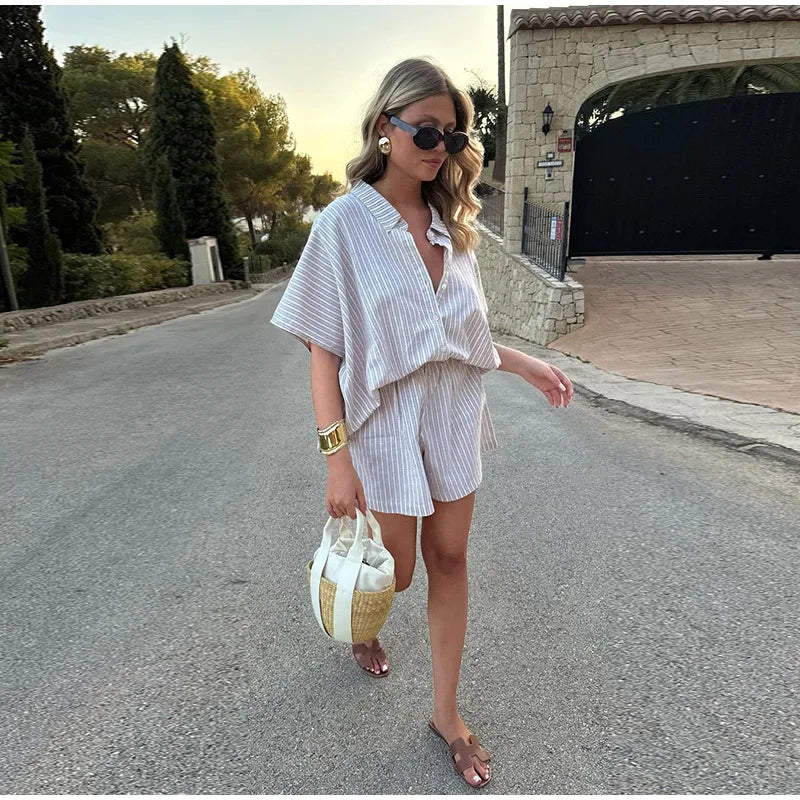 Casual Stripe Shorts Set Women's Loose Single Breasted Half Sleeve Shirt High Waist Short Pant 2025 Summer New Lady Holiday Suit