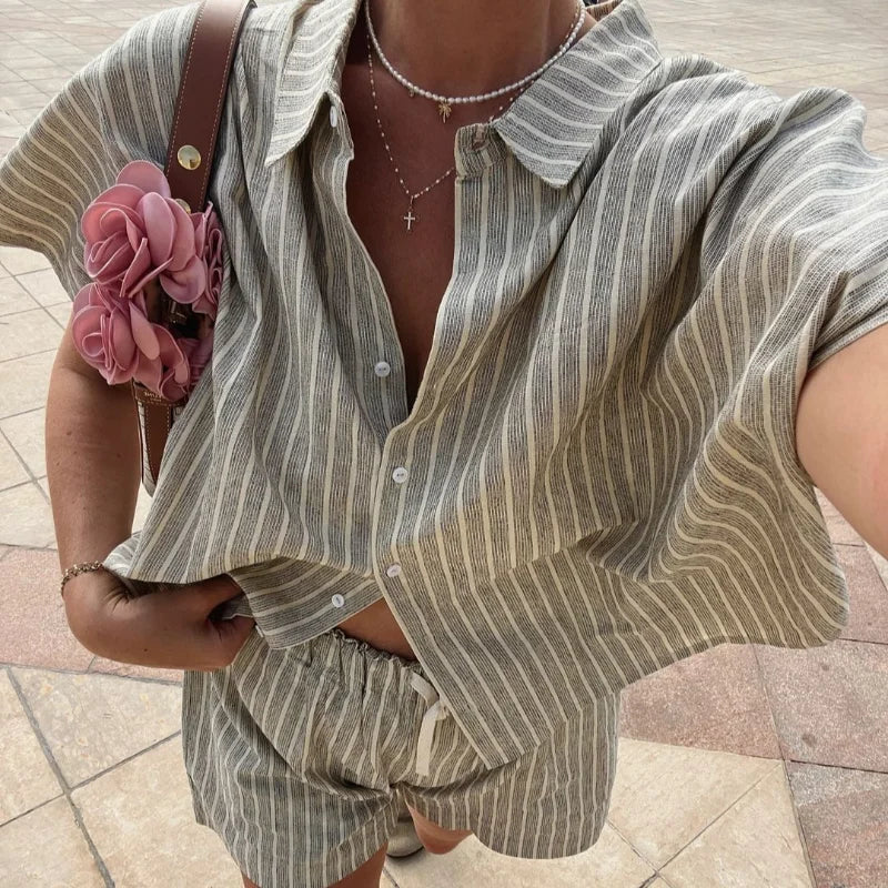 Casual Stripe Shorts Set Women's Loose Single Breasted Half Sleeve Shirt High Waist Short Pant 2025 Summer New Lady Holiday Suit