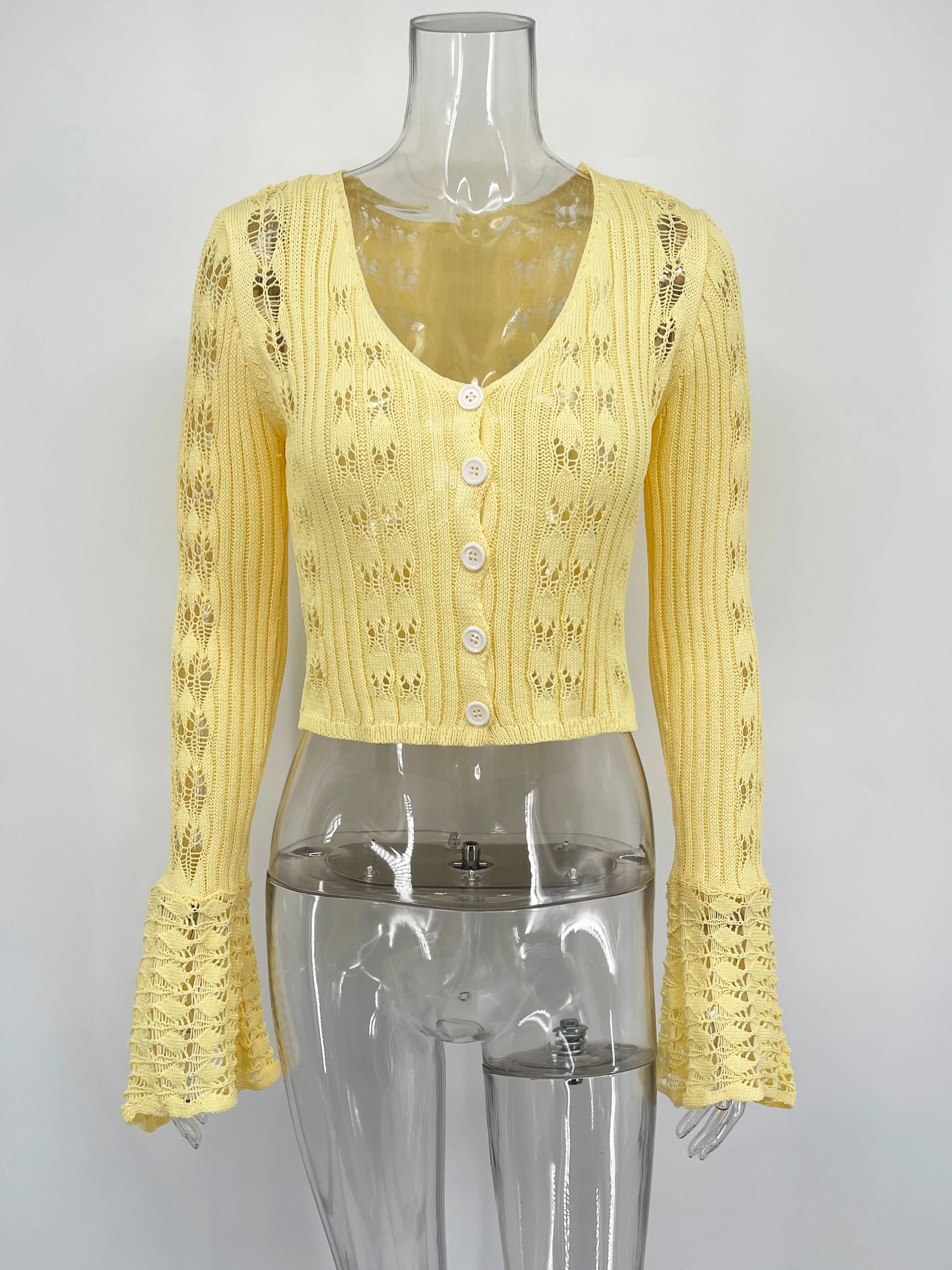 Tuularose Spring Knitted Cardigan Female Solid V-Neck Hollow Out Short Knitted Top Fashion Casual Loose Commuter Female T-Shirt
