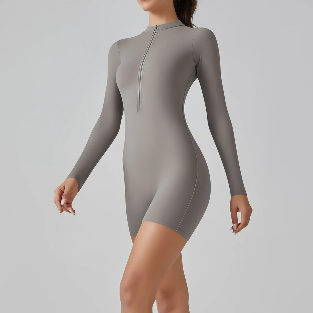 Zipper Tracksuit Set Women Yoga Jumpsuit Stand Collar Half Long Sleeved High Waist Butt Lift Fitness Sports Bodysuit Leggings