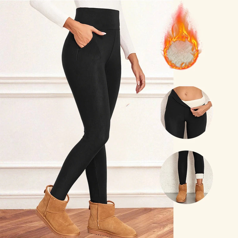 Women Velvet Leggings with Pockets Autumn Winter Warm Fleece Tights  Velvet Solid Color Prevent Cold Leggings Stretch Leggings