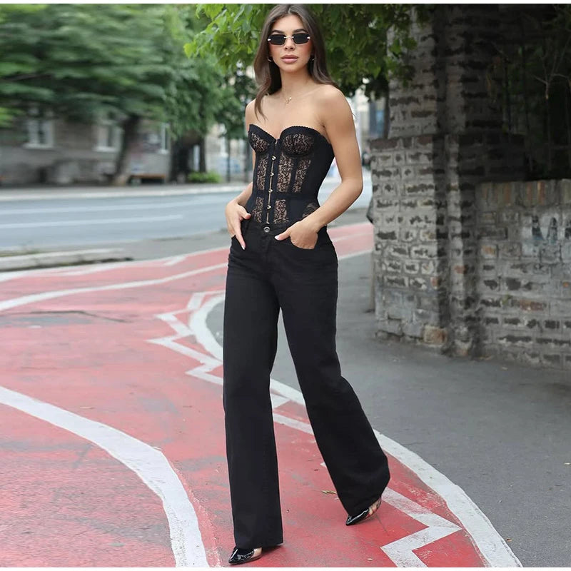 Sexy Women Black Lace Corset Vest Fashion See Through Hollow Out Strapless Top Chic Autumn 2025 New Party Lady High Street Vests
