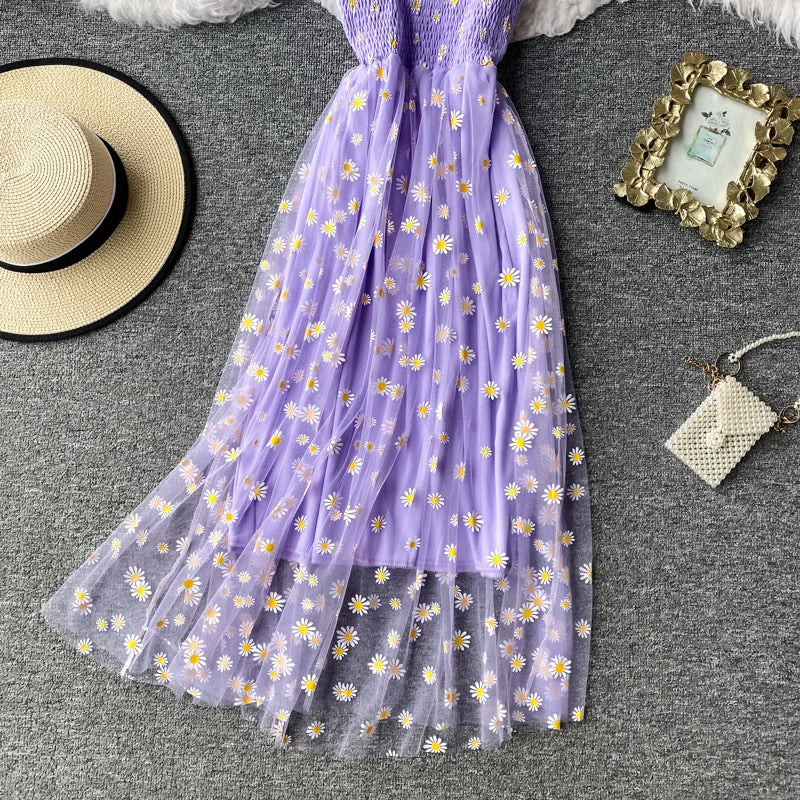 Women daisy Print Dresses Summer Sexy Lace Mesh Dress Spaghetti Strap Ruched Floral Vestidos Korean Style Long Dress