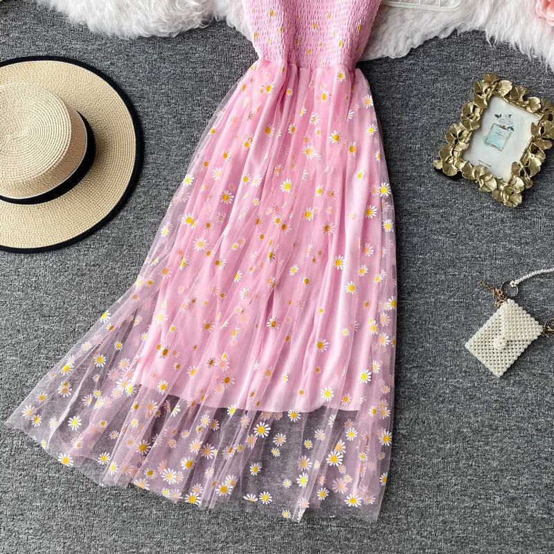 Women daisy Print Dresses Summer Sexy Lace Mesh Dress Spaghetti Strap Ruched Floral Vestidos Korean Style Long Dress