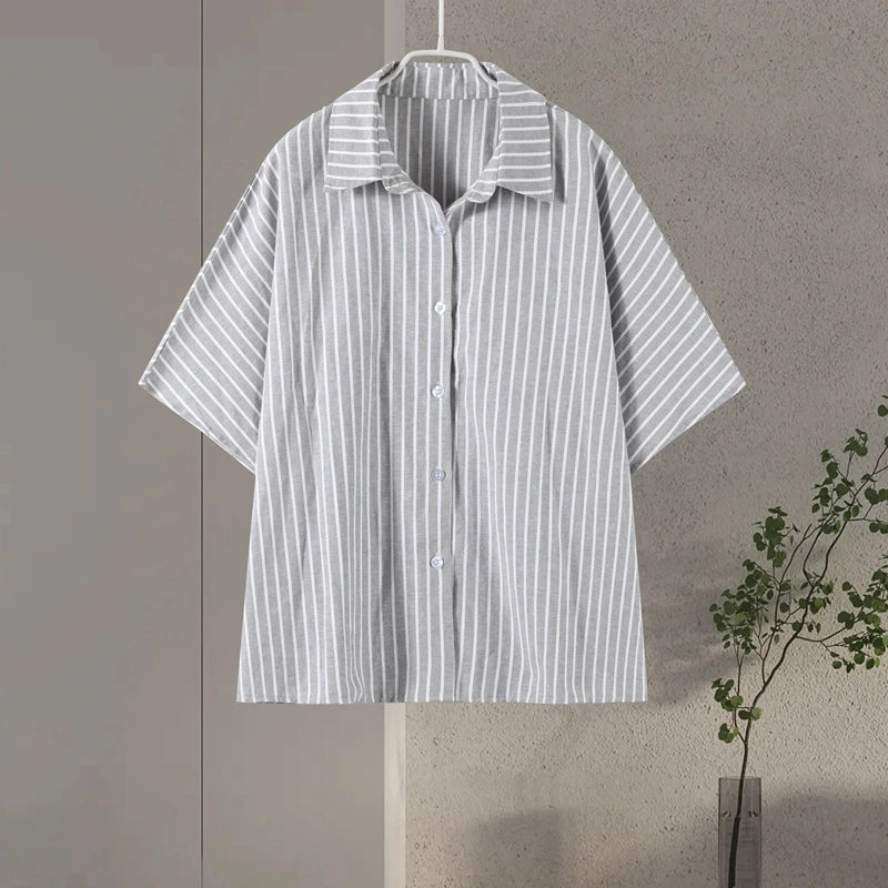 Casual Stripe Shorts Set Women's Loose Single Breasted Half Sleeve Shirt High Waist Short Pant 2025 Summer New Lady Holiday Suit