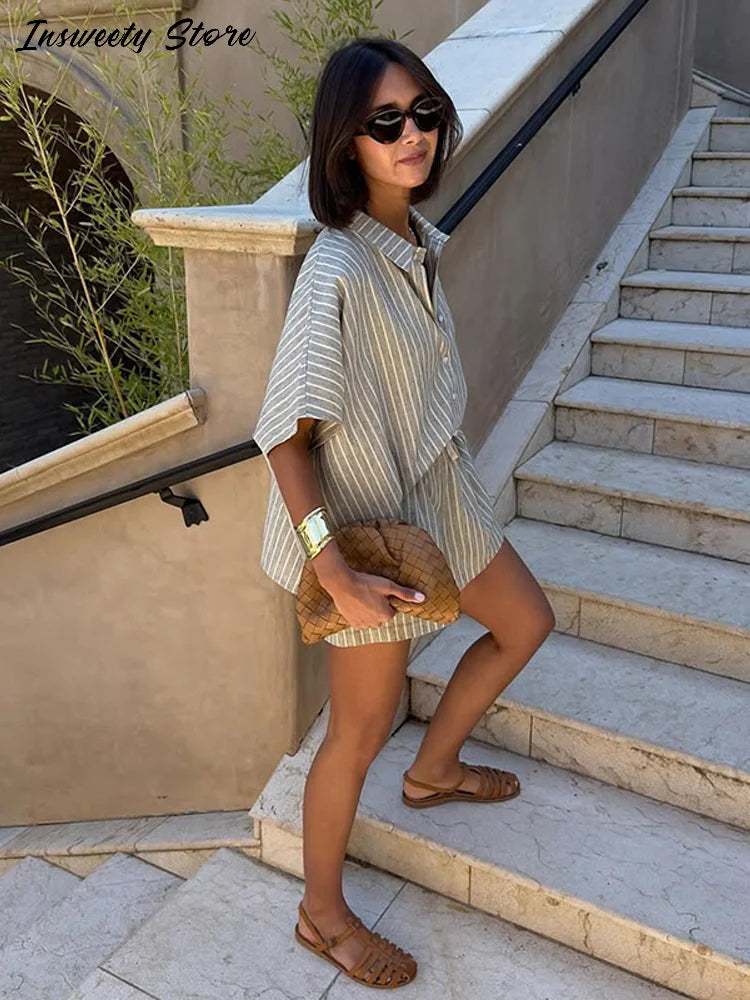 Casual Stripe Shorts Set Women's Loose Single Breasted Half Sleeve Shirt High Waist Short Pant 2025 Summer New Lady Holiday Suit